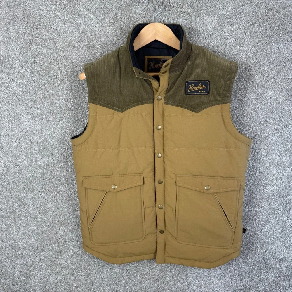 Howler Brothers Rounder Vest Mens Medium Khaki Tan Corduroy Yoke Quilted Puffer